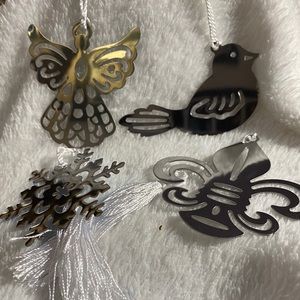 BOGO Set of 4 Metal Alloy Cut Outs Angel, Snowflake, Cardinal, Chevron w/Tassel